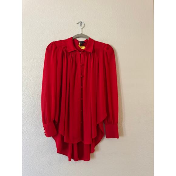 Amaryllis Pleated High-Low Button Front Blouse Size M/L Red Long Sleeve - Picture 2 of 9